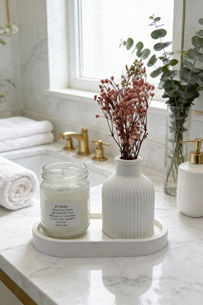 Fitruka Japon Kiraz Kokulu Dekoratif Mum & Vazo Seti – Beyaz Tepsili Şık Ev D...