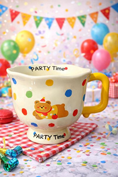 matheon كوب سيراميك بنمط دمية الدب لوقت الحفلات - منقط ملون، مقبض أصفر، كوب هدية