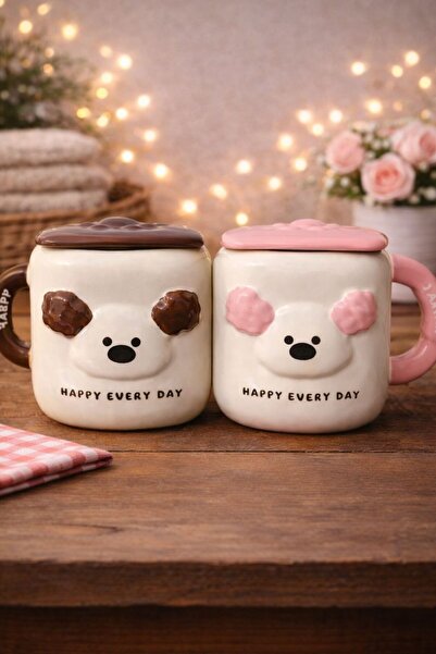 matheon طقم أكواب سيراميك مكون من قطعتين مع أغطية على شكل كلاب (أسود ووردي) -...