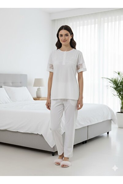 İpek Women's Short Sleeve Lace Detailed 100% Cotton Pajama Set