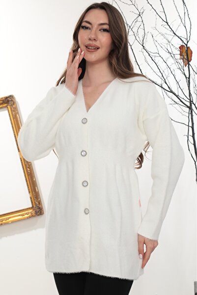 GÖMLEK GALERİSİ Women's Angora Plain V-Neck Cardigan Standard Fit (38-50)