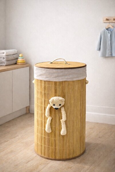 Evila Bambu Ayıcık Detaylı Yuvarlak Kirli Sepeti | Kapaklı ve Bez Astarlı Çam...