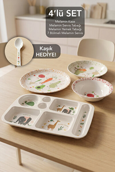 Meleni Baby 4'lü Melamin Beslenme Seti - Çocuk Bebek Yemek Tabağı Bölmeli Tab...