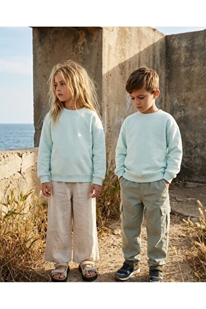Kyex Унисекс детска блуза с обло деколте в цвят ледено синьо - 100% памук, ме...
