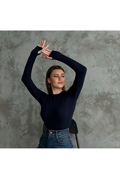 meymers Women's White Long Sleeve Basic Bodysuit with Finger Detail