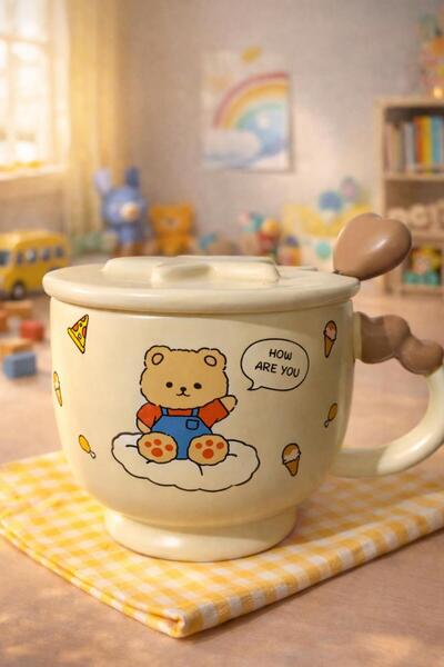 matheon Teddy Bear Mug with Lid and Spoon – “How Are You” Pattern, Cream Colo...