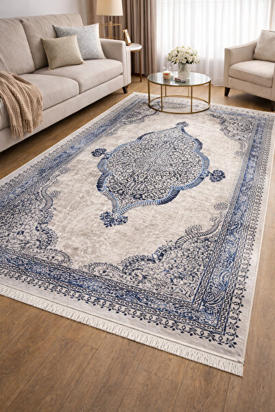 NO BRAND Klasik Madalyon Desenli 4 metrekare Saçaklı Halı – Mavi & Bej Tonlar...