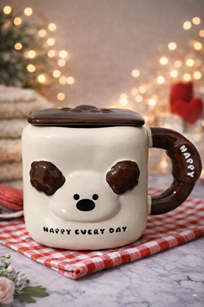 matheon كوب كلب بغطاء – بني مع تفاصيل أذن ثلاثية الأبعاد وكتابة “Happy Every ...