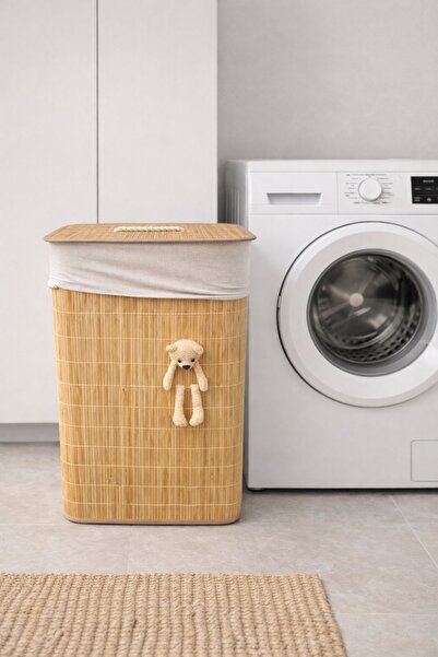 Evila Bambu Ayıcık Detaylı Dikdörtgen Kirli Sepeti | Kapaklı ve Bez Astarlı Ç...