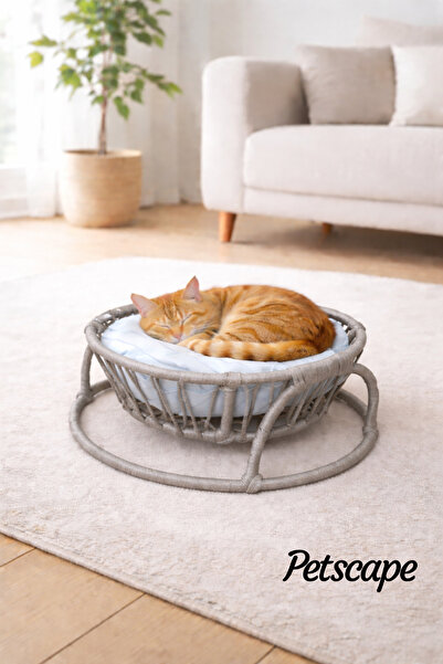 Petscape Minderli Hasır Kedi Köpek Yatağı Doğal Rattan Tasarım Yumuşak Minder...