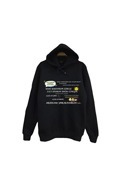 fame-stoned Doğdu Güneşim Printed Unisex 100% Cotton Hooded Black Sweatshirt