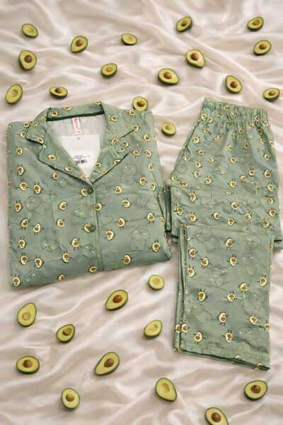 PİJAMORİ HOMEWEARS Pijamoni Sofya Kumaş Düğmeli Avokado Desenli Uzun Kollu Pi...