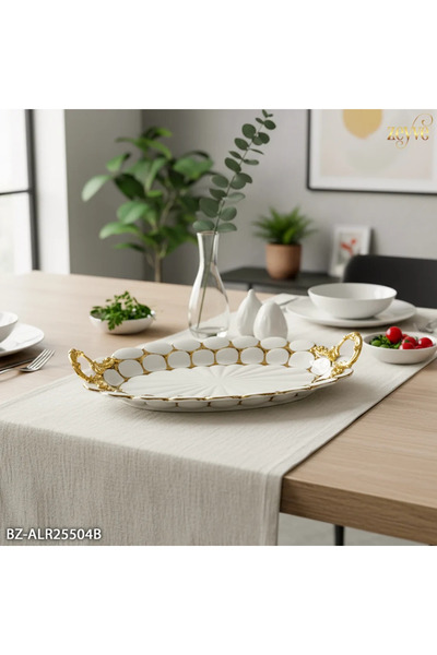 ALR طبق بيضاوي من البورسلين بتصميم منزلي مع مقبض ذهبي 37×22×7 سم