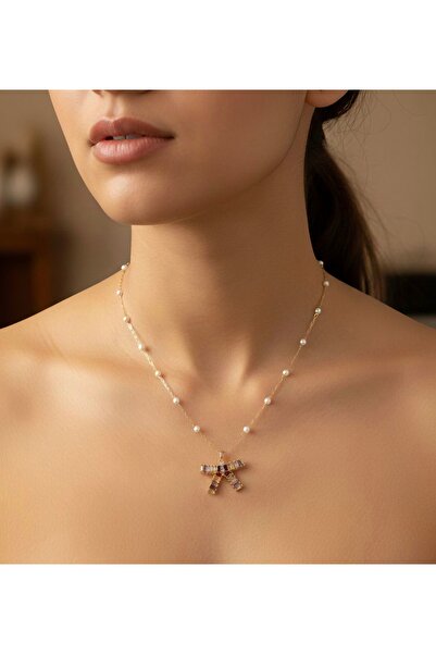 Butik İnci Zincir Kristal Taşlı Fiyonk Kolye Ucu,Çelik kolye