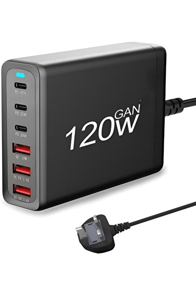 NYORK شاحن حائط بثلاثة منافذ من النوع C وثلاثة منافذ USB بقوة 120 وات وكابل ب...