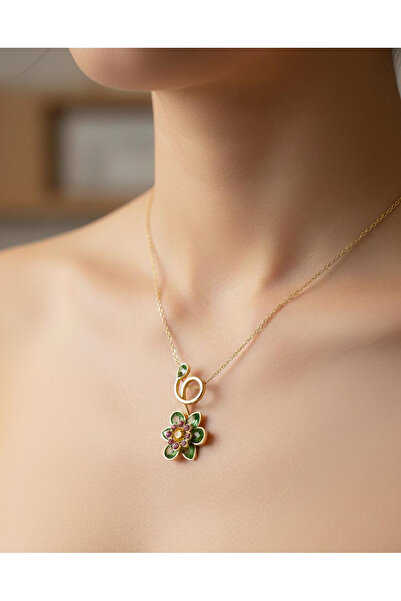 Butik Kristal Yeşil Taşlı Lotus kolye,Çelik Kolye