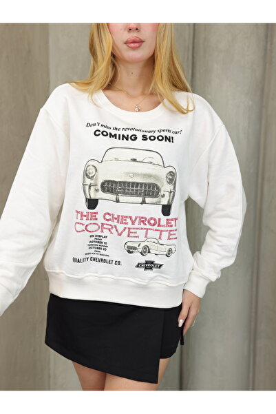 GRODYT مطبوع قصة فضفاضة سترة رياضية سميكة من ثلاث خيوط قماش أبيض برقبة دائرية...