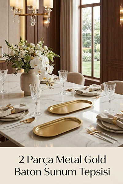 EVLE 2 Pieces Baton Gold Color Metal Presentation Tray, Gold Color Serving Tr...