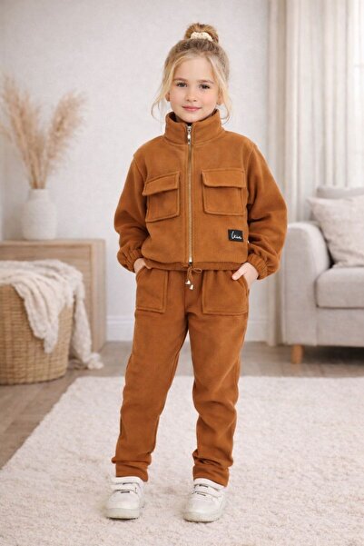 Aselin Kids Girl's Pocketed Zippered Fleece Top and Bottom Set Tracksuit Set