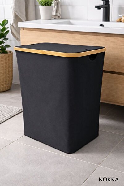 NOKKA Bambu 100 Litre Kapaklı Katlanabilir Çamaşır Sepeti, 2 Bölmeli Kirli Se...