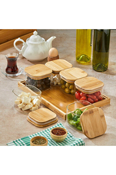 EnTrenDD Kahvaltılık Set 6 Lı Borosilikat Bambu Kapaklı Kare