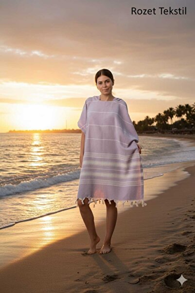 ROZET TEKSTİL Γυναικείο βαμβακερό πόντσο με φούντες και κουκούλα για μπάνιο, ...