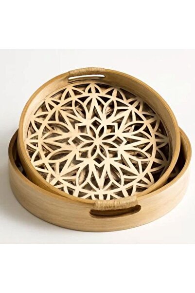 Generic Set of two wooden serving trays with a round glass base and laser-cut...