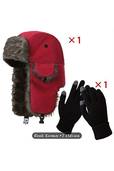 Betülce 2li Takım Kürklü Rus Kayak Şapkası ve Yün Dokunmatik Siyah Eldiven ( ...