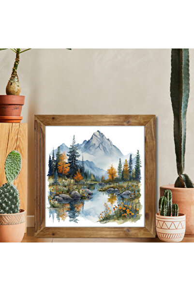 Tuba Decor Tablou pătrat cu rame din lemn, munți și peisaj