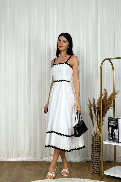 Klex Midi Length Chiffon Women's Dress with Strap Detail - White - m