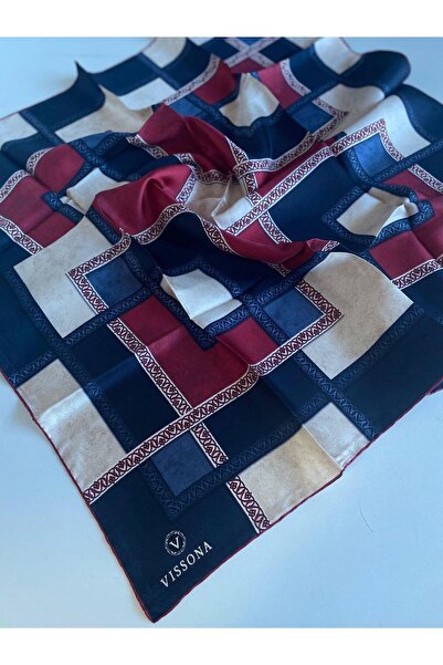 Vissona Tivil Silk Scarf 17526 - 4 - 0017 - 0033 Navy Blue Red Batik Pattern