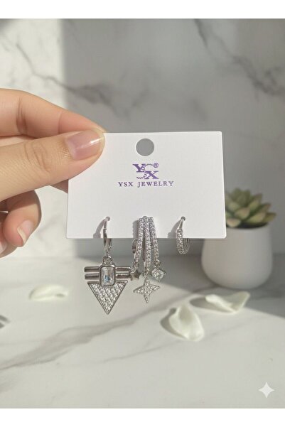 LUXENYA DESİGN Zircon Stone Asymmetric Women's Earring Set Geometric Dangle M...