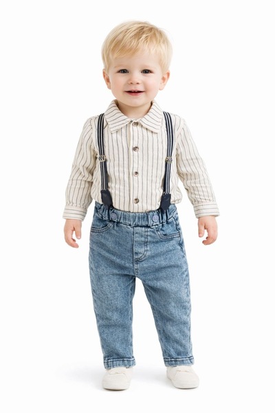 MixMax Bebe Erkek Bebek Çİzgili Gömlek Askı Kot Pantolon 2'li Bayramlık Bebek...