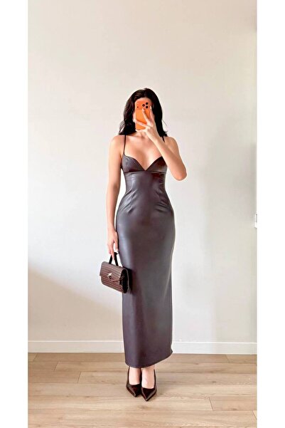 LOCH BUTİK Women's Black Strap Slit Leather Dress