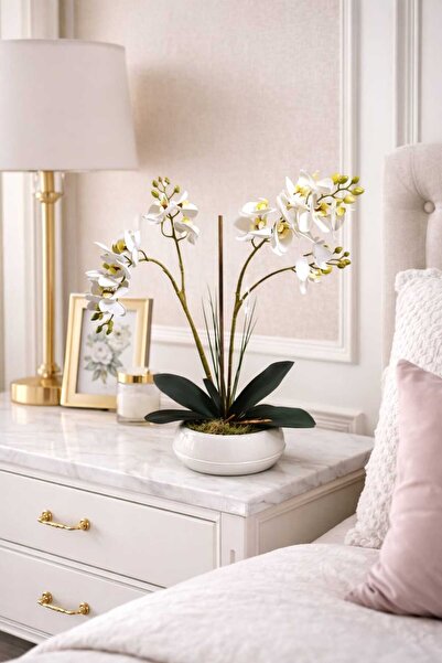 MAKİ DEKOR Yapay Çiftli 2 Dallı Islak Dokulu Orkide 55 Cm Dekoratif Ev Ofis D...