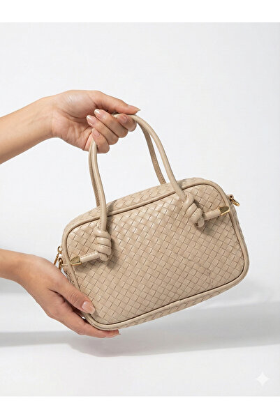 moimaaksesuar حقيبة يد وكتف أنيقة باللون البيج ذات نسيج محبوك – للاستخدام الي...
