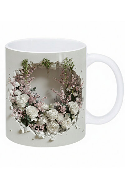 Elbasan Tekstil White Roses Printed Ceramic Mug Cup Mug Gift