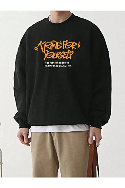 donamod Negru The Fittest cu imprimeu supradimensionat guler rotund Swea pent...