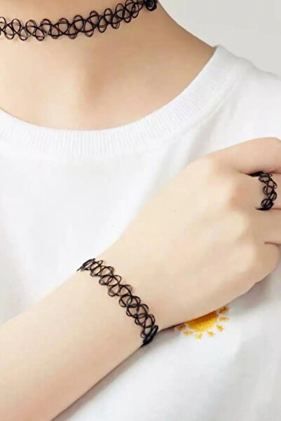 shop Black Color Elastic Choker Necklace |   Bracelet and Ring Set