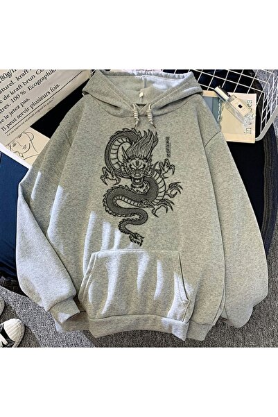 donamod Hanorac oversize unisex cu imprimeu Dragon Gri bsgejderyasweat