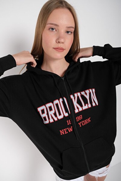 donamod سترة بروكلين سوداء كبيرة الحجم مطبوعة للسيدات