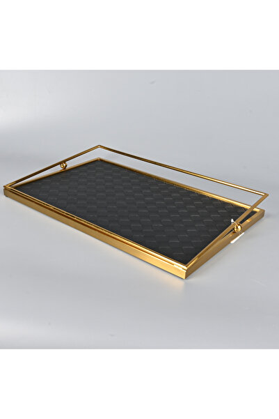 Generic Rectangular serving tray 47x30 cm, black faux leather with a copper-c...