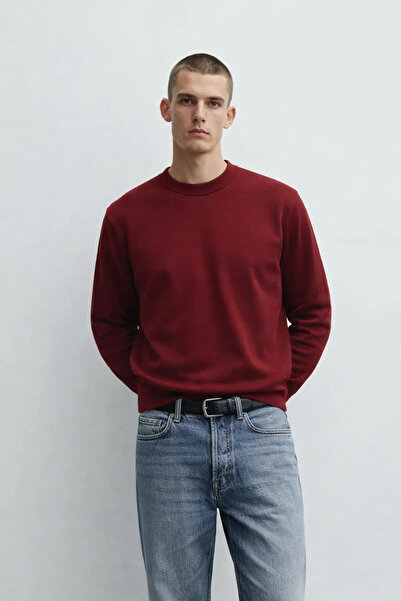 MATERIAL Erkek Bisiklet Yaka Kışlık Bordo Bol Sweatshirt