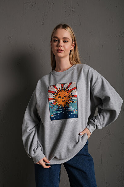 donamod Femei Gri Sun cu imprimeu supradimensionat Swea tricou TS-GUNESBSKI