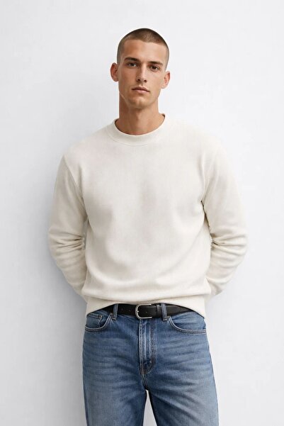 MATERIAL Ανδρικό φούτερ με λαιμόκοψη ποδηλάτου, χειμερινό, εκρού, φαρδύ