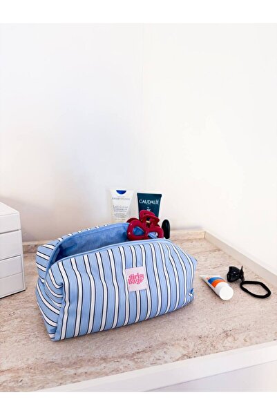 girlsybags Blue Striped Makeup Bag Large Size Zippered Blue Portfolio Bag Str...