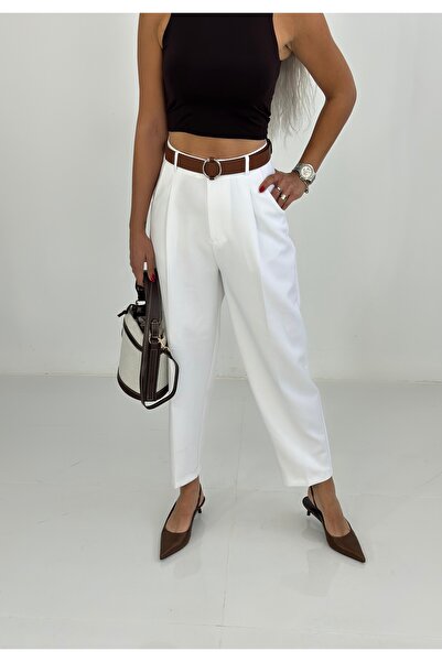 KAROL Kadın Beyaz Yüksek Bel Kumaş Pantolon – Rahat Kalıp Şık Tasarım
