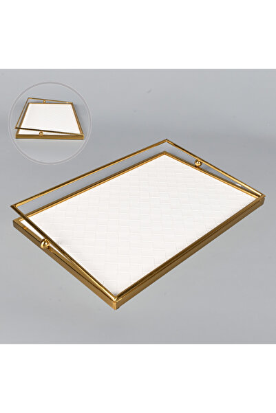 Generic A rectangular serving tray, 42 x 28 cm, made of off-white faux leathe...