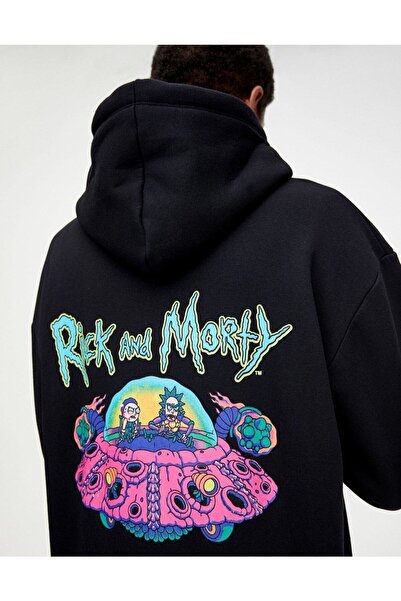 donamod سويت شيرت بقلنسوة أسود كبير الحجم مطبوع عليه ريكي آند مورتي للرجال Be...