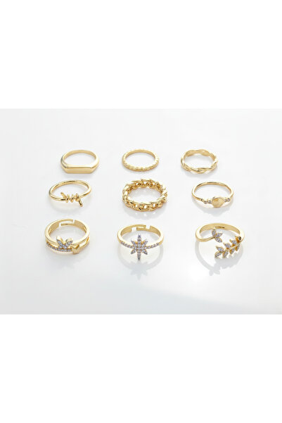Ervalina 9'lu Taşlı Kelebek Kutup Figürlü Yüzük ve Eklem Yüzük Seti